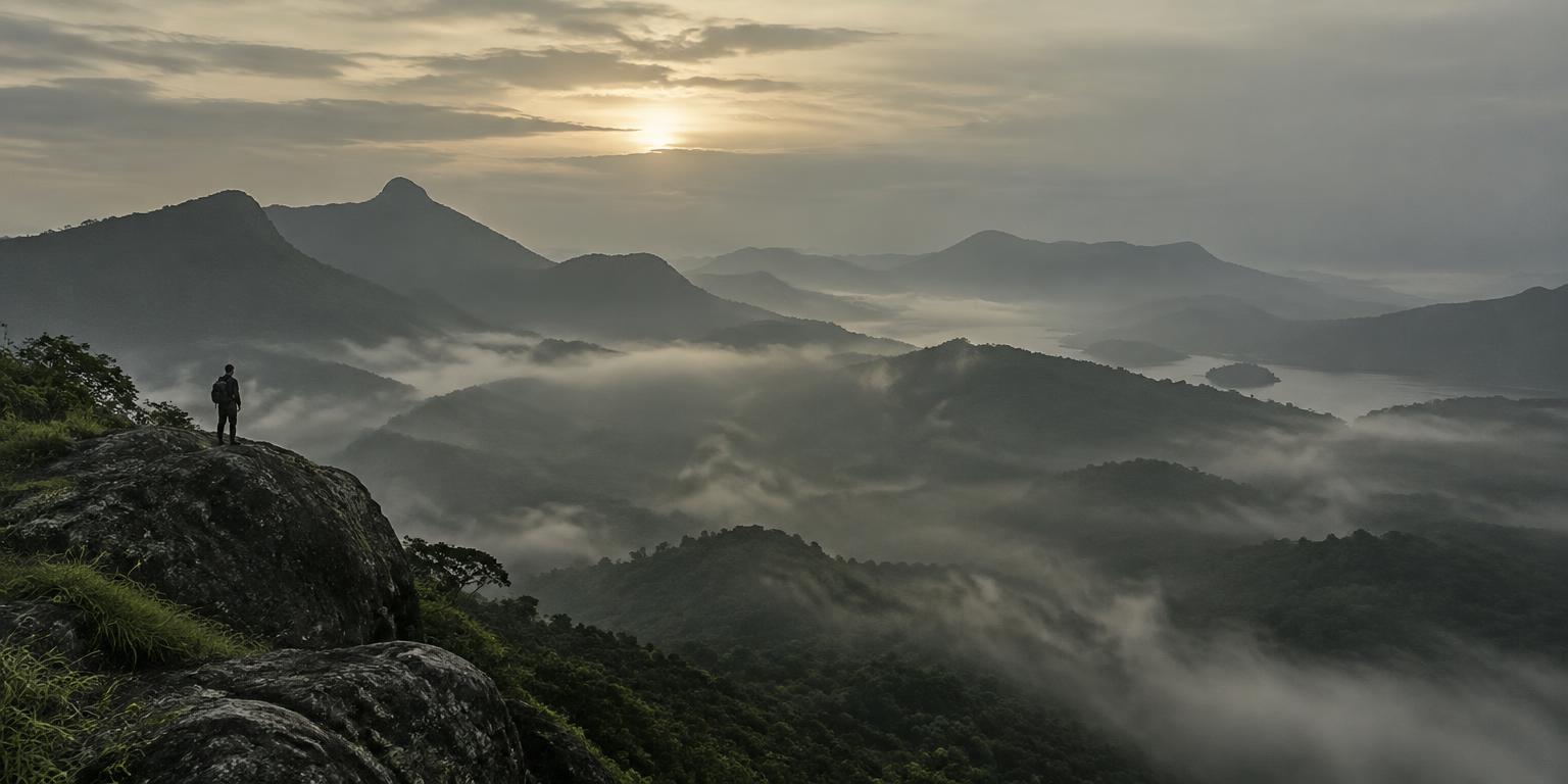 A person looks across a layered mountain landscape
