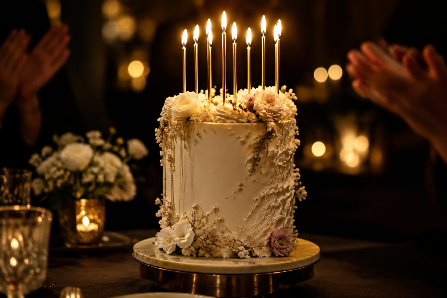A birthday cake with tall lit candles as hands clap