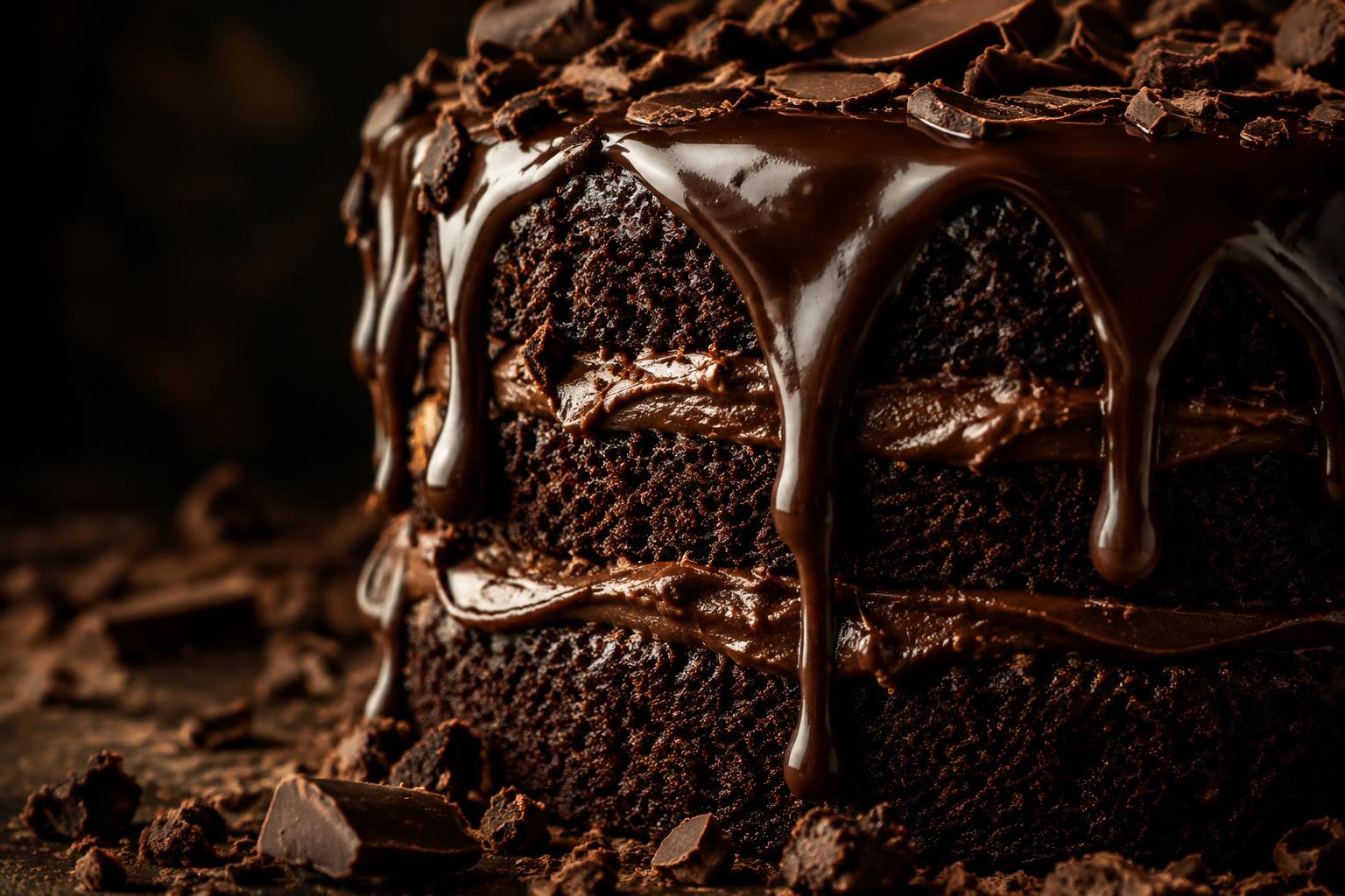 Chocolate ganache dripping over a layered chocolate cake