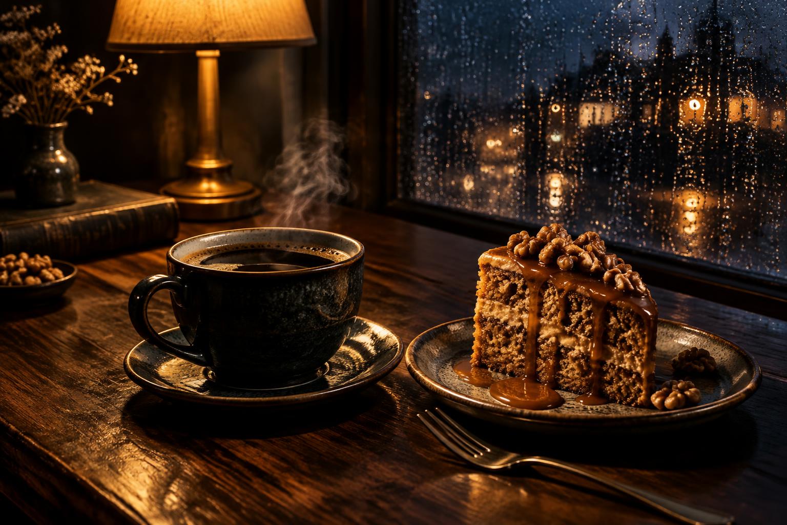 Coffee and walnut cake beside a cup of coffee on a rainy night