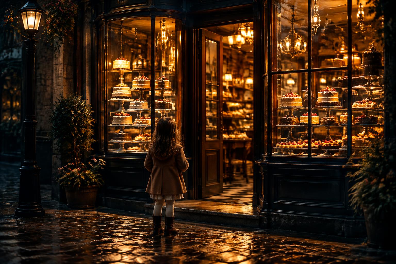 A child stands outside a glowing bakery window at dusk