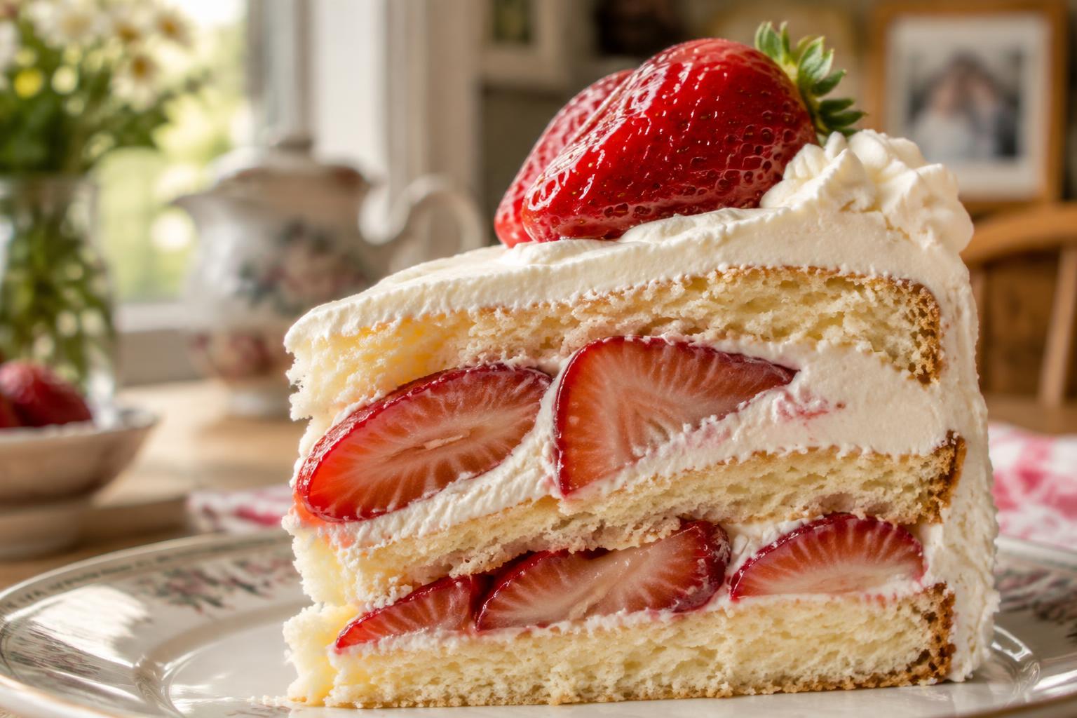 A slice of strawberry cream cake on a family table