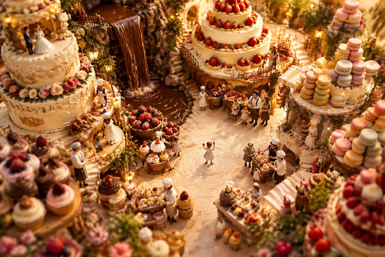 A miniature bakery world of cakes, macarons and a chocolate waterfall, with a child at the centre