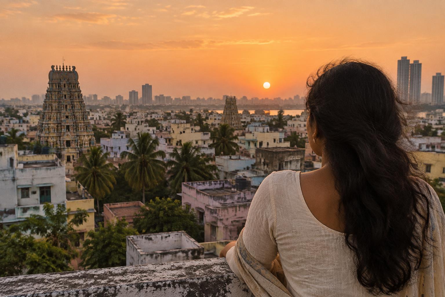 A woman looking across a South Indian city
