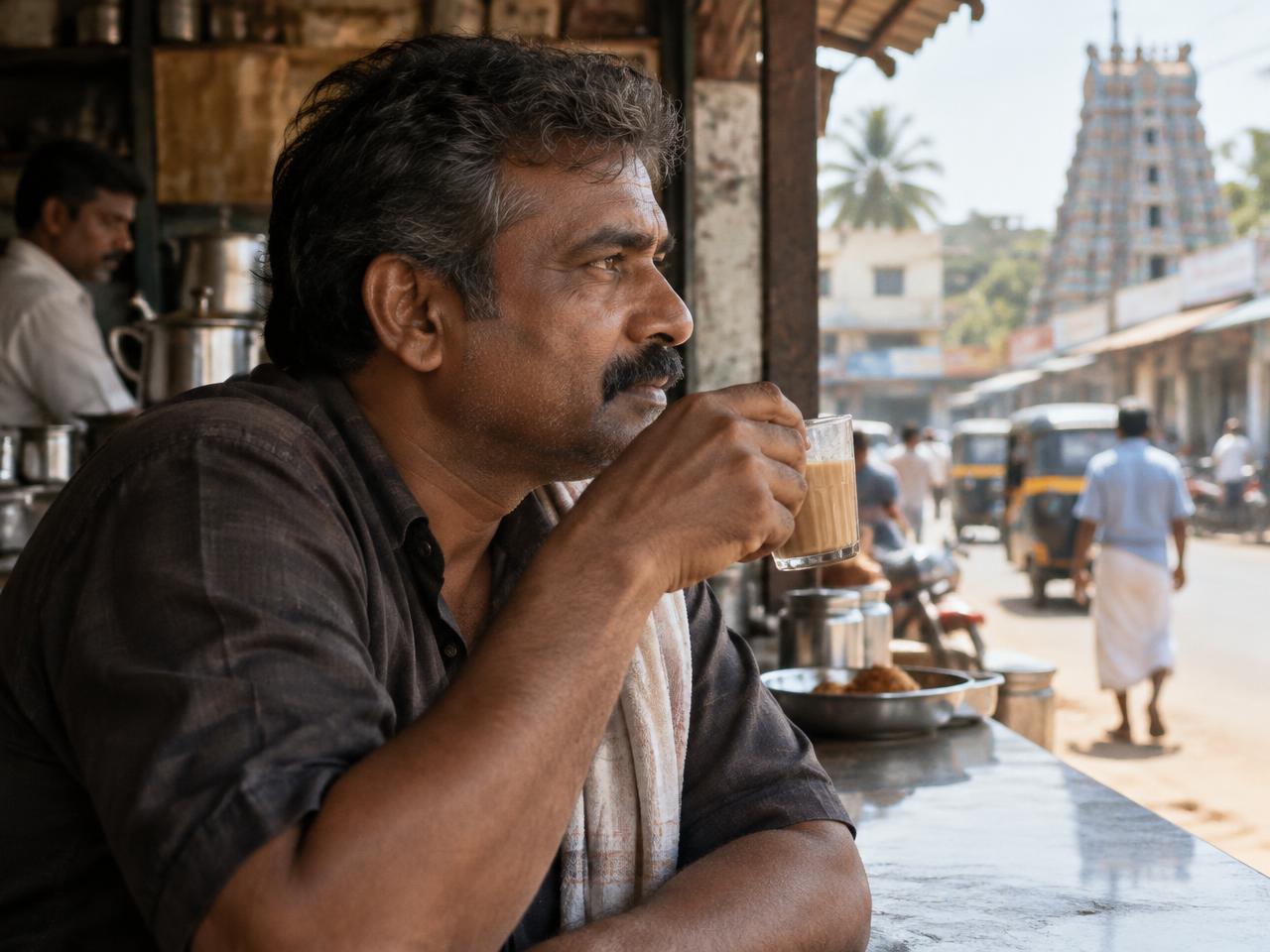 A man pauses over tea at a South Indian street stall